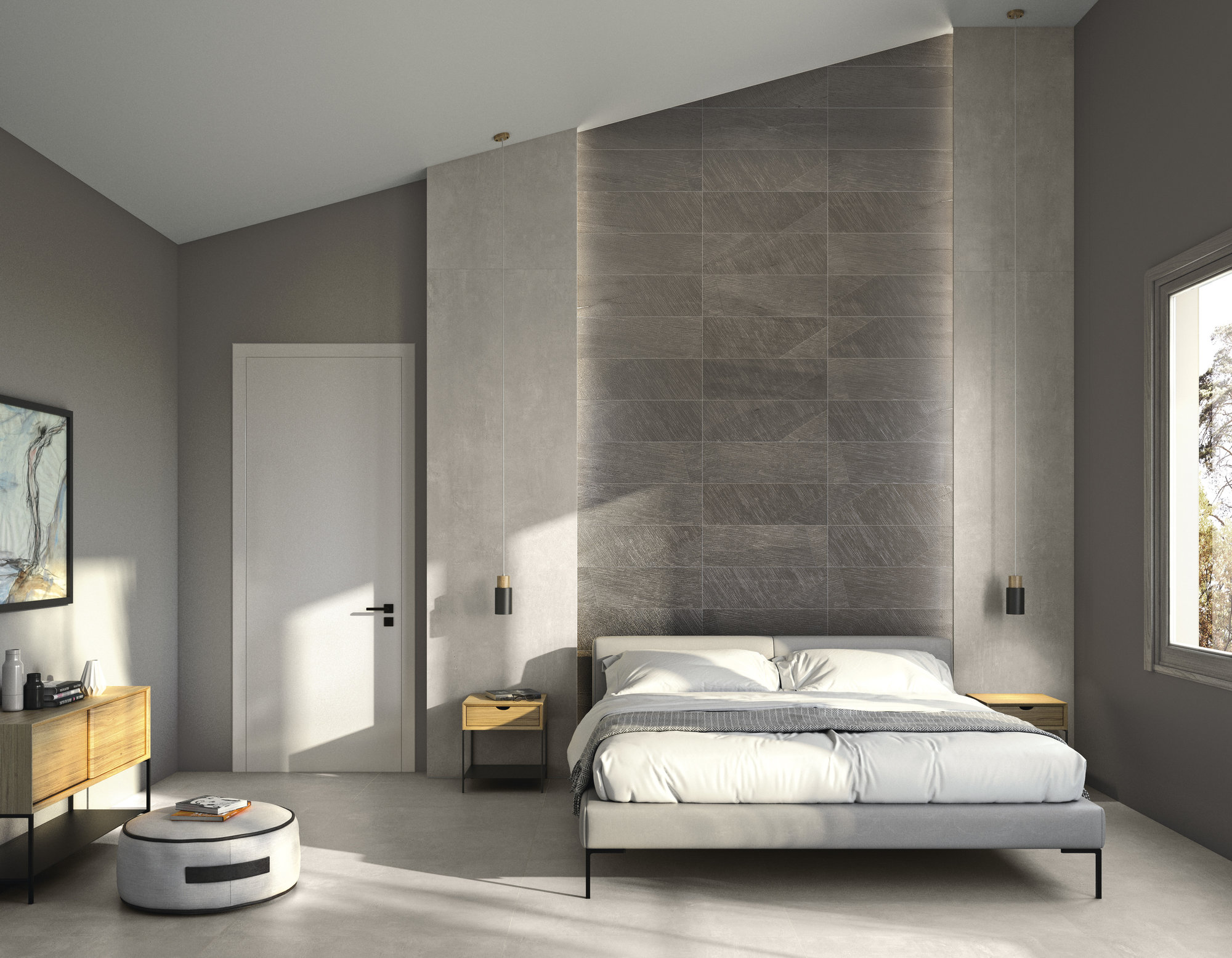 Chambre à coucher avec murs en carrelage imitation pierre, Pietra Di Basalto, carrelage brun et lit blanc