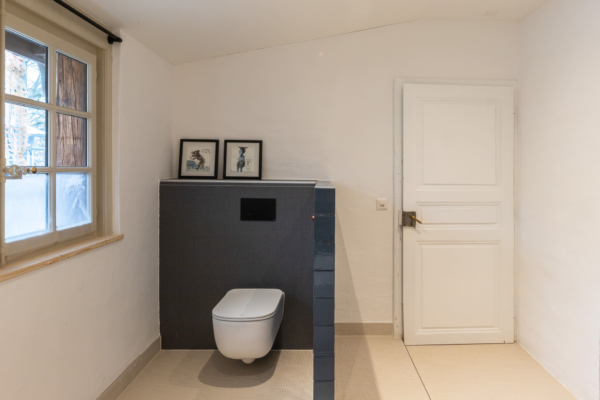 Toilettes dans salle de bains rénovées avec mur en brique bleu pour cacher le wc, pote blanche à droite