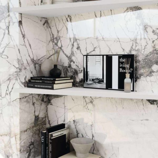 Etagère encastrée de sallon avec carrelage imitation marbre grand format Great Elite Invisble
