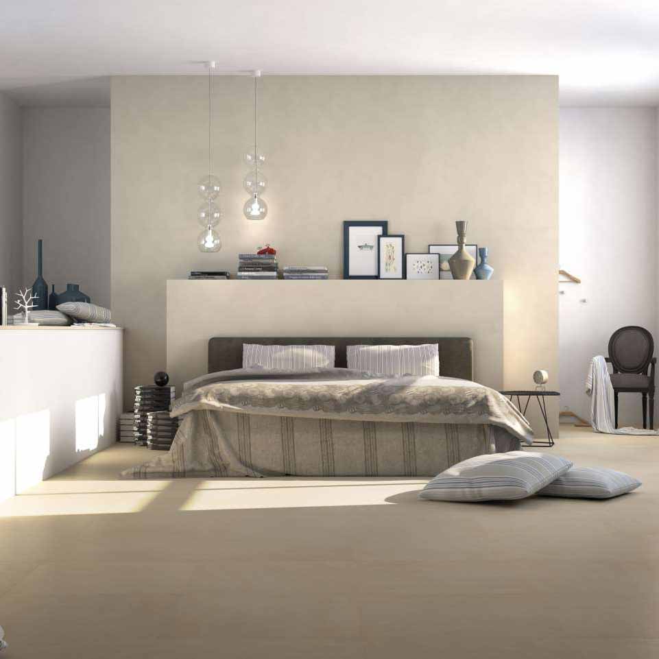 Chambre à coucher avec carrelage beige neutre et gris. Tendances carrelages 2023 